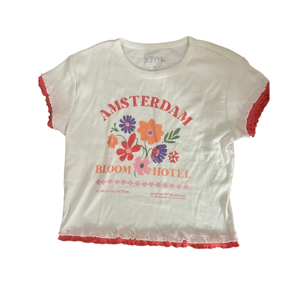 Vinyl Icons Girls Amsterdam  Hotel Graphic Tee White Red Lettuce Trim Size‎ M
